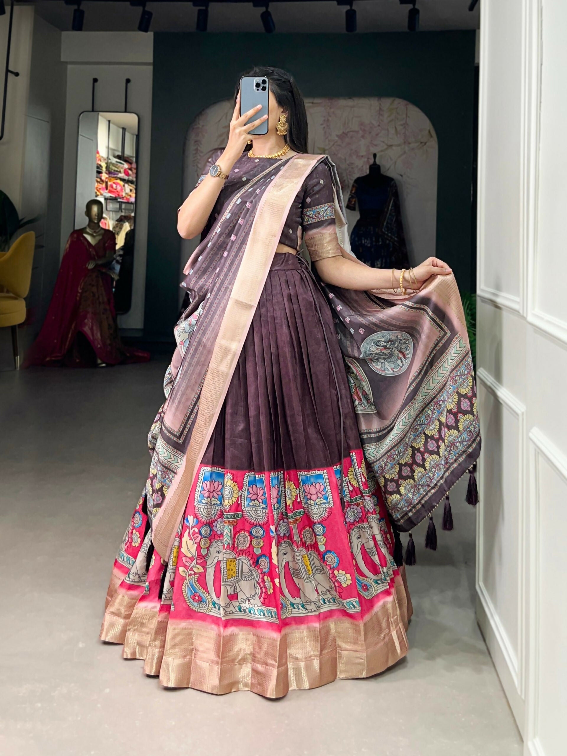 Vastranavya Kalamkari Print With Weaving Border Lehenga with Unstitched Blouse - Burgundy