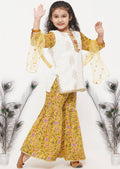 Little Bansi Girls Cotton Embroidery Kurta with floral sharara with Dupatta - White & Yellow