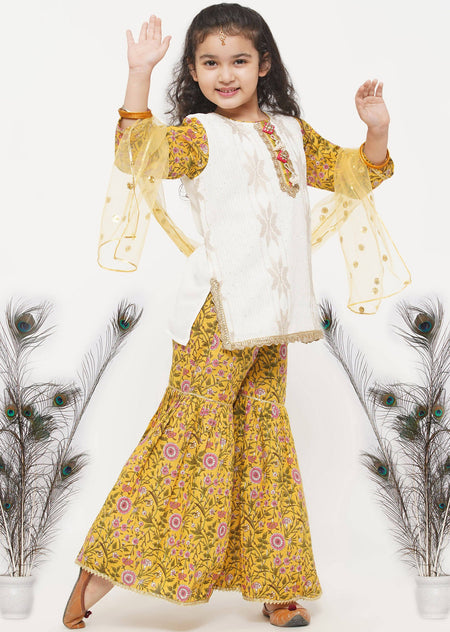 Little Bansi Girls Cotton Embroidery Kurta with floral sharara with Dupatta - White & Yellow