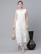 Ahalyaa Women Off White Pure Cotton Printed Kurta with Trousers - Distacart