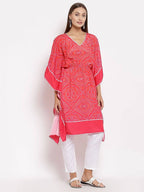Myshka Women's Pink Cotton Printed 3/4 Sleeve V Neck Casual Kaftan