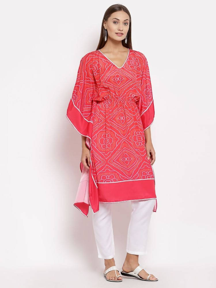 Myshka Women's Pink Cotton Printed 3/4 Sleeve V Neck Casual Kaftan