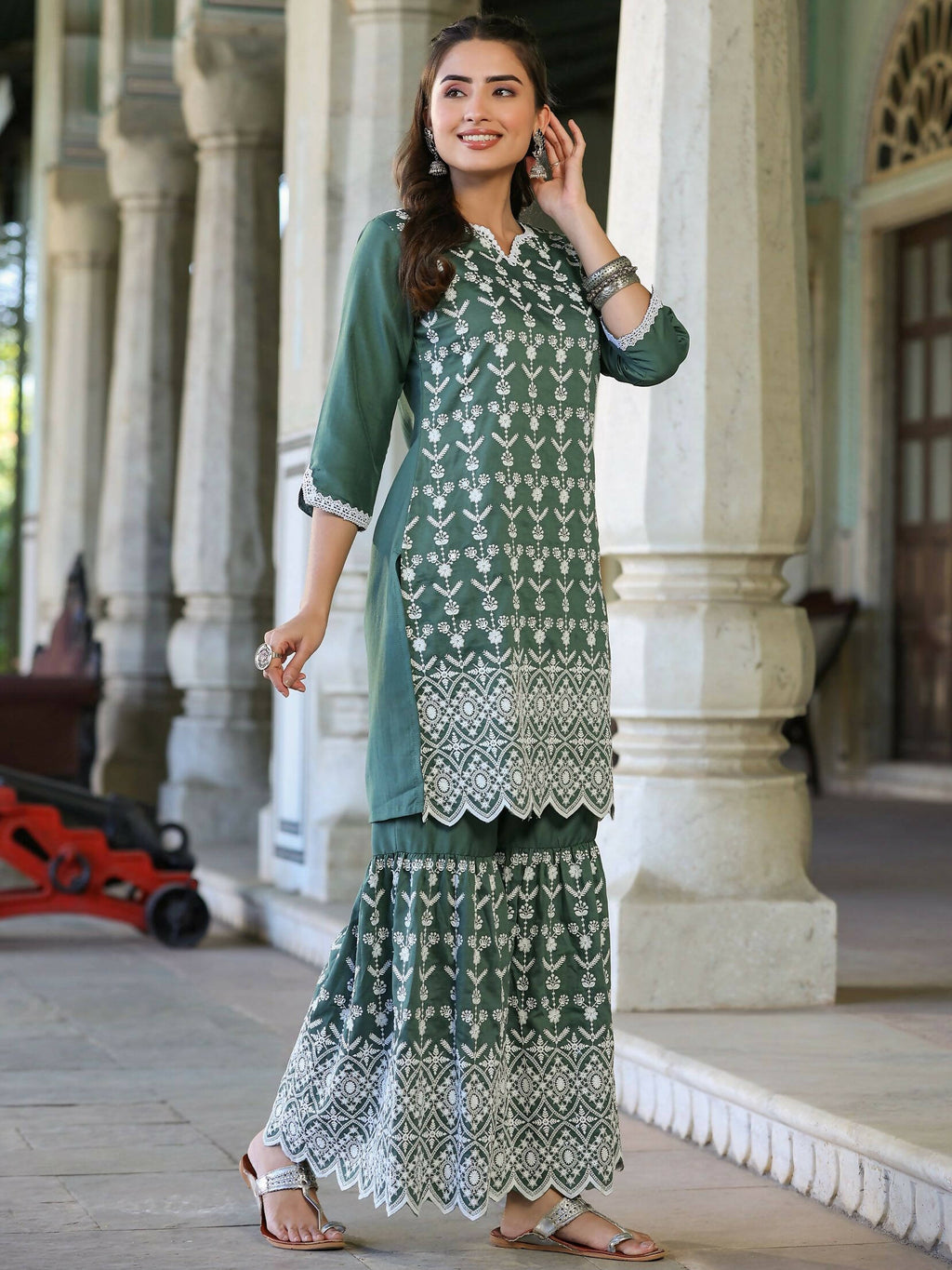 Juniper Women's Green Chinnon Embroidered Kurta Garara Set - Distacart