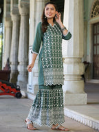 Juniper Women's Green Chinnon Embroidered Kurta Garara Set - Distacart