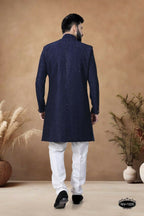 Joban Fashion Men's Blue Straight Silk Heavy Thread & Sequence Embroidery All Over Indo-Western Kurta Set