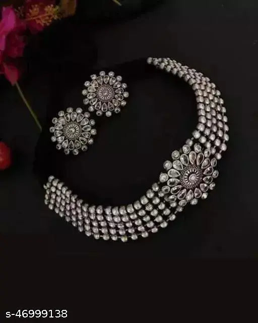 Tehzeeb Creations Women's Silver Colour Oxidised Necklace And Earrings With Kundan