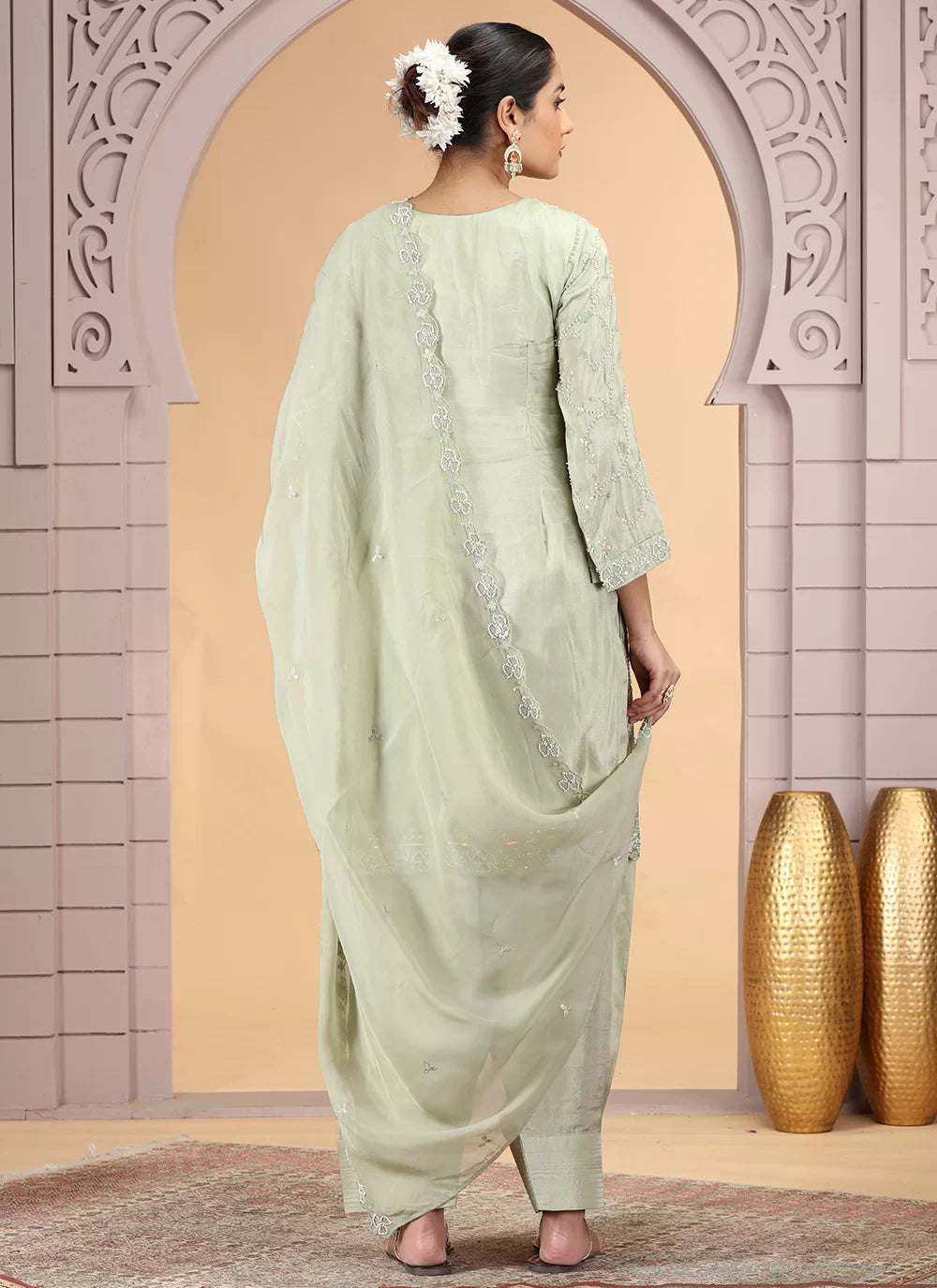 Chhap Light Green Colour Satin Silk Hand Work Salwar Suit - Distacart