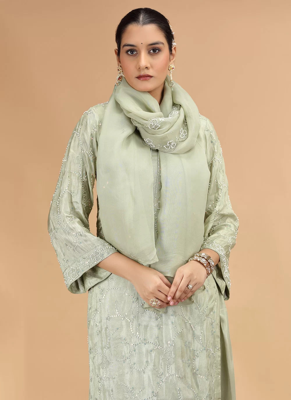Chhap Light Green Colour Satin Silk Hand Work Salwar Suit - Distacart