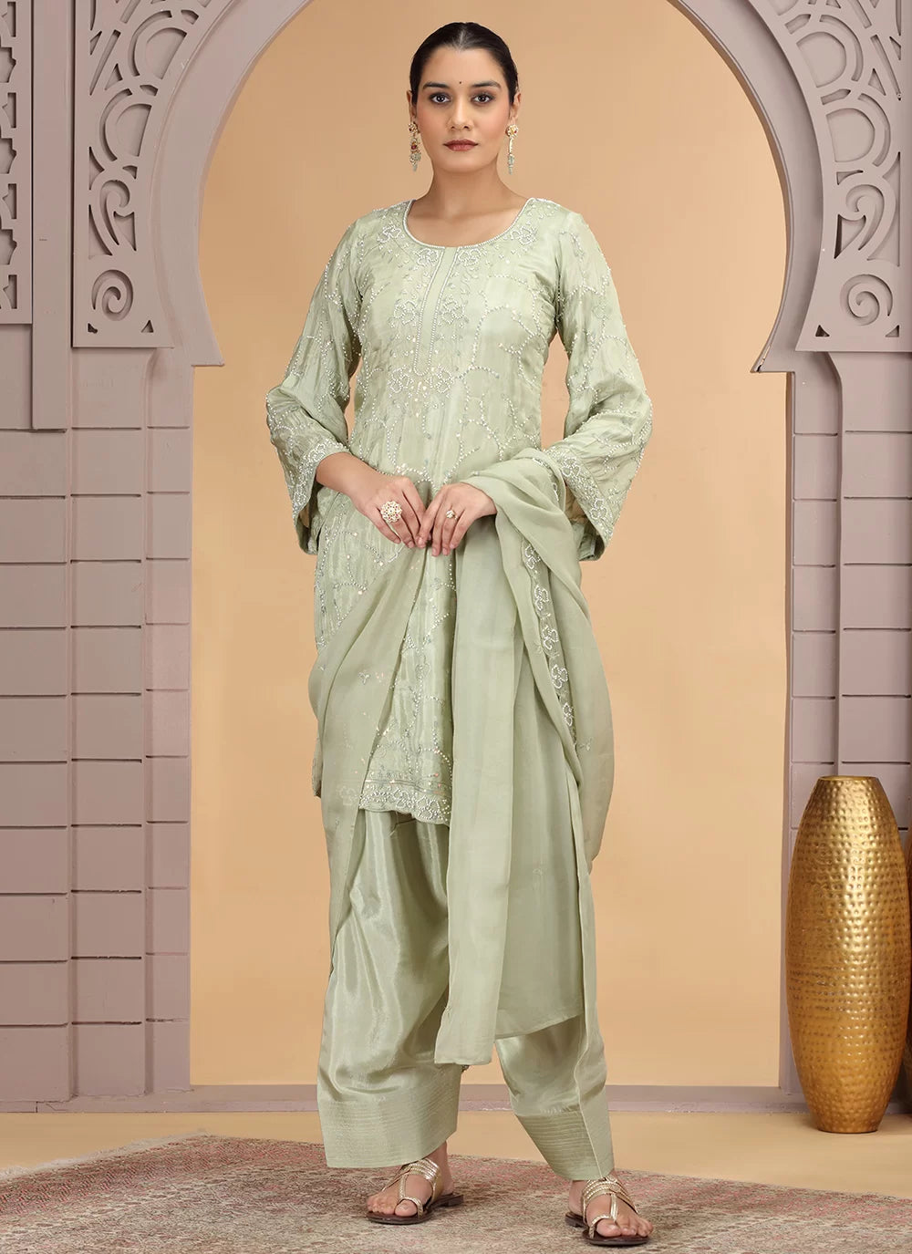 Chhap Light Green Colour Satin Silk Hand Work Salwar Suit - Distacart