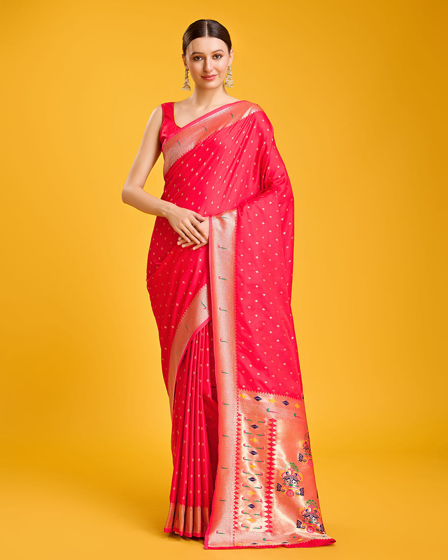 Monjolika Fashion Opulent Paithani In Regal Red Color With Gold Weaves Delicate Zari Work Silk Saree