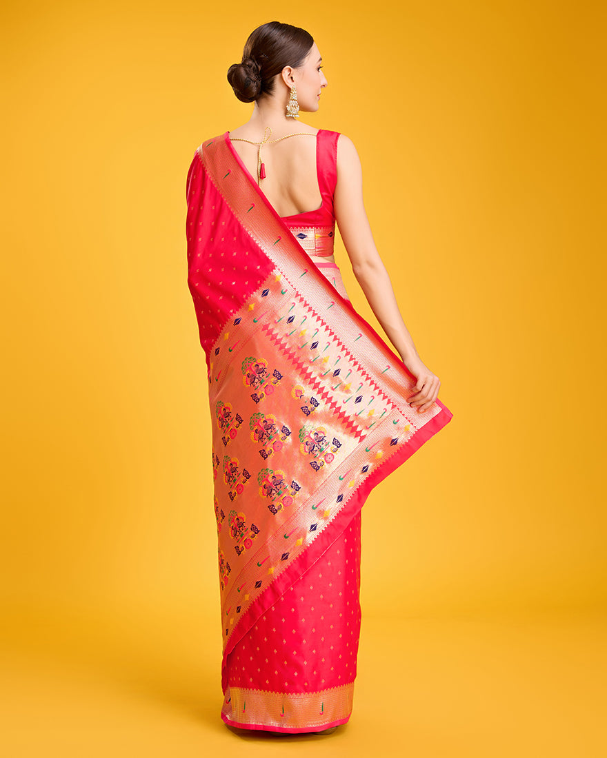 Monjolika Fashion Opulent Paithani In Regal Red Color With Gold Weaves Delicate Zari Work Silk Saree