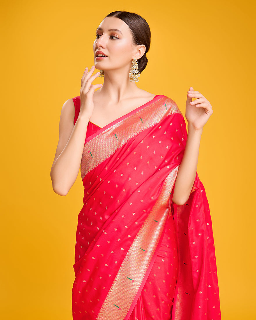 Monjolika Fashion Opulent Paithani In Regal Red Color With Gold Weaves Delicate Zari Work Silk Saree