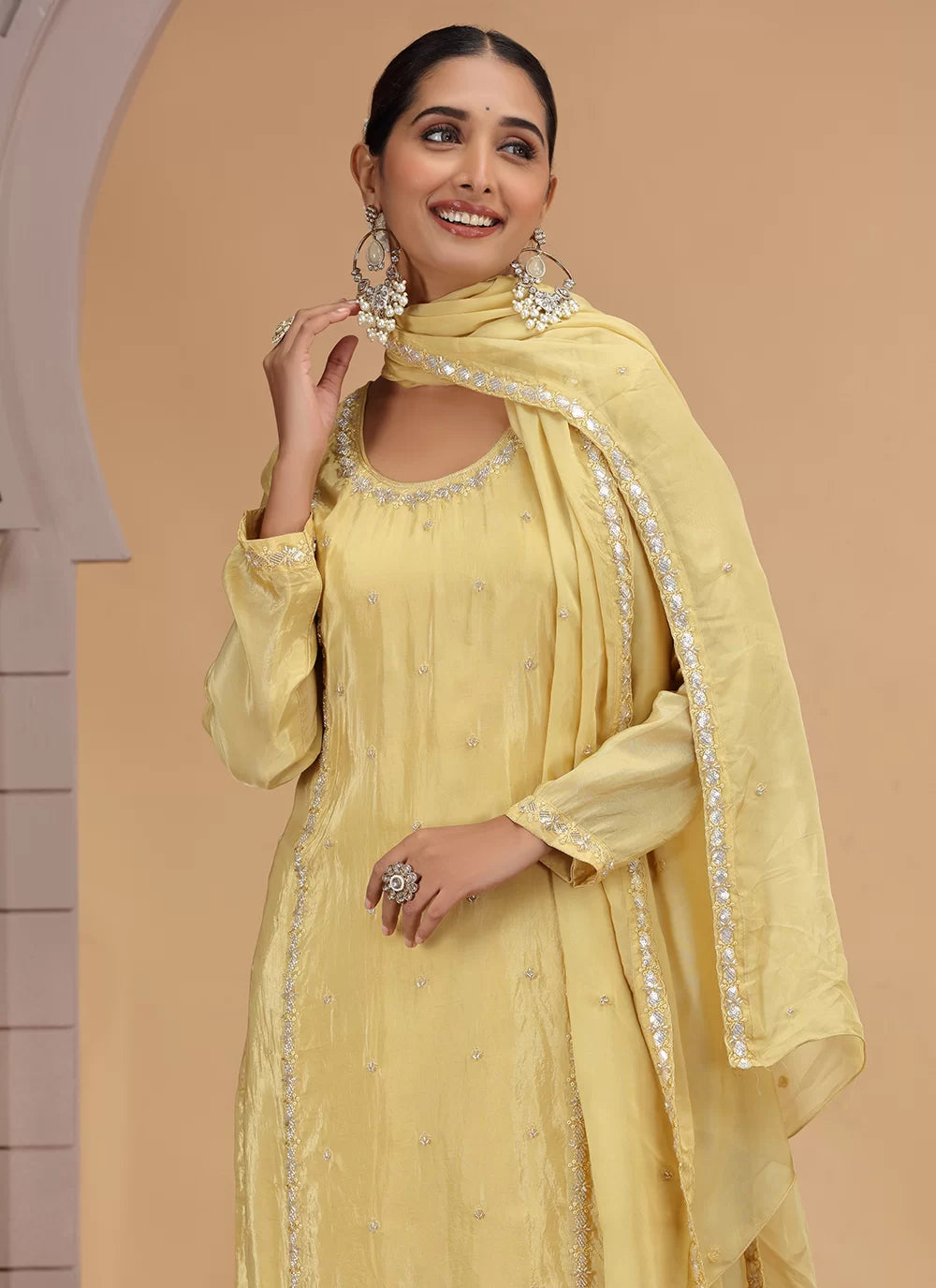 Chhap Yellow Colour Satin Silk Hand Work Salwar Suit - Distacart