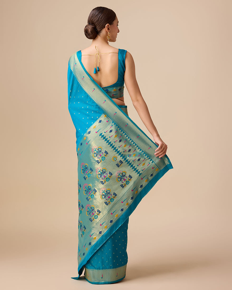 Monjolika Fashion Opulent Paithani In Regal Blue Color With Gold Weaves Delicate Zari Work Silk Saree