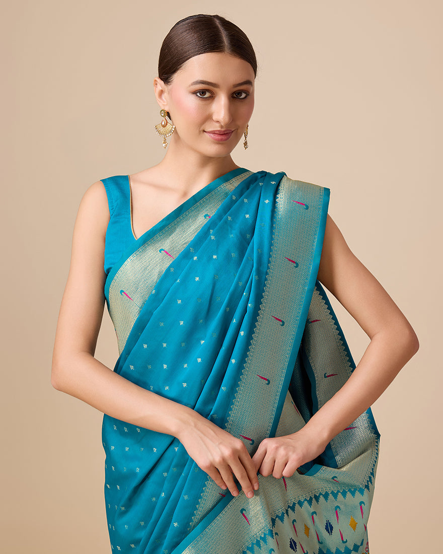 Monjolika Fashion Opulent Paithani In Regal Blue Color With Gold Weaves Delicate Zari Work Silk Saree