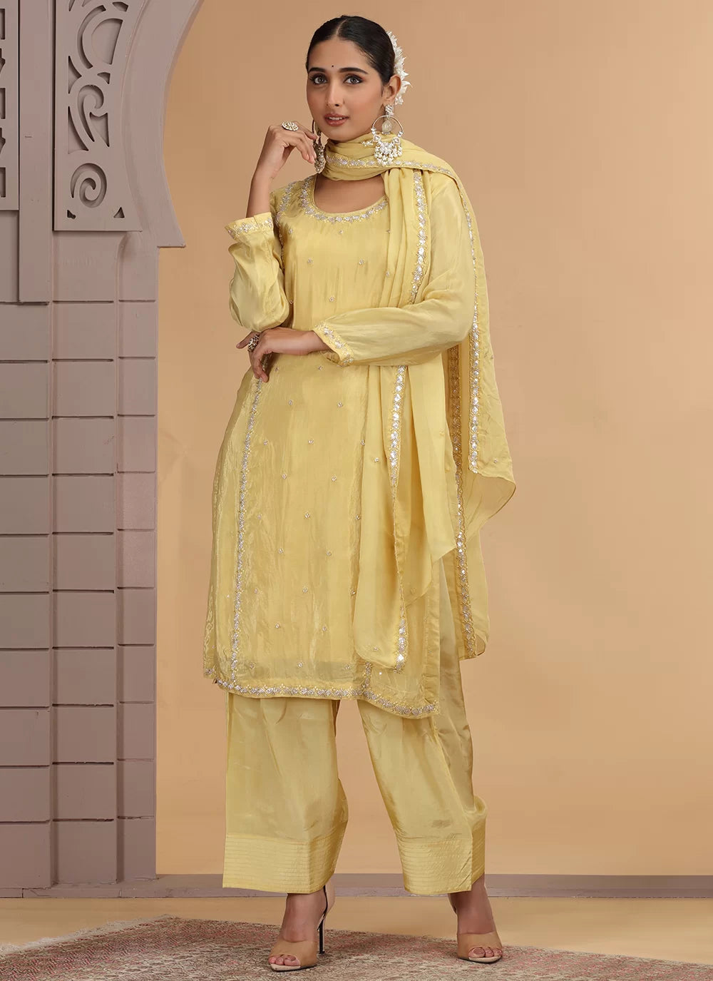 Chhap Yellow Colour Satin Silk Hand Work Salwar Suit - Distacart