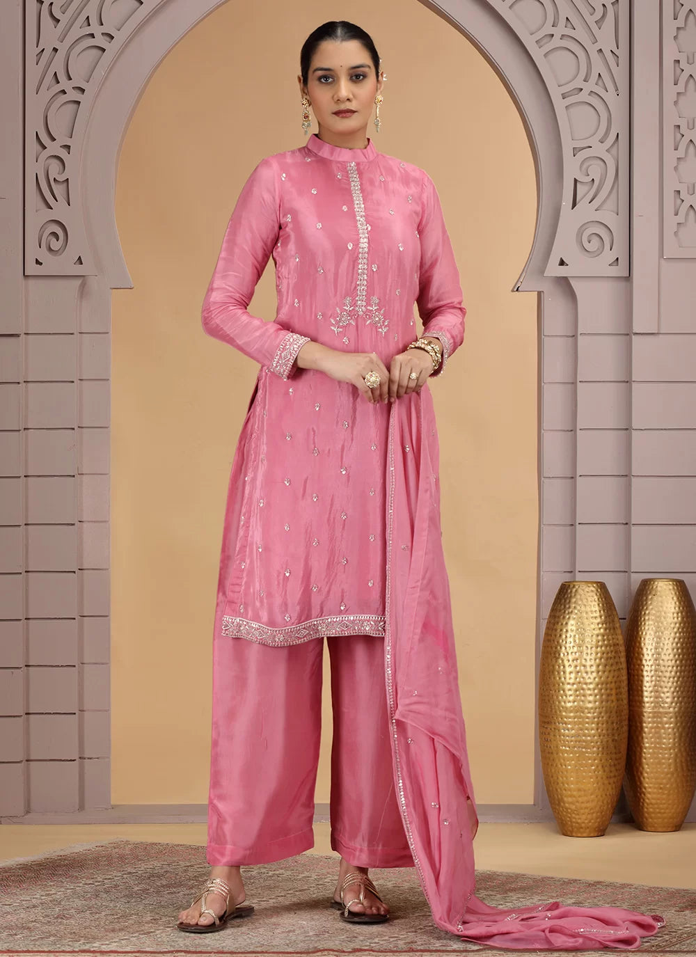 Chhap Pink Colour Satin Silk Hand Work Salwar Suit - Distacart