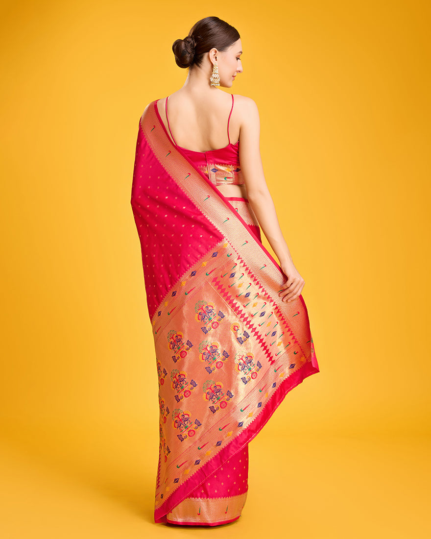 Monjolika Fashion Opulent Paithani In Regal Bright Pink Color With Gold Weaves Delicate Zari Work Silk Saree