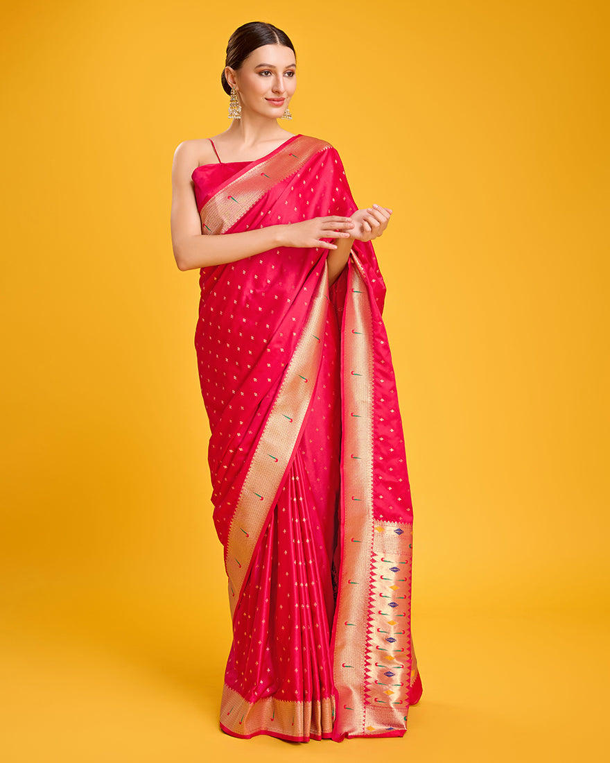 Monjolika Fashion Opulent Paithani In Regal Bright Pink Color With Gold Weaves Delicate Zari Work Silk Saree