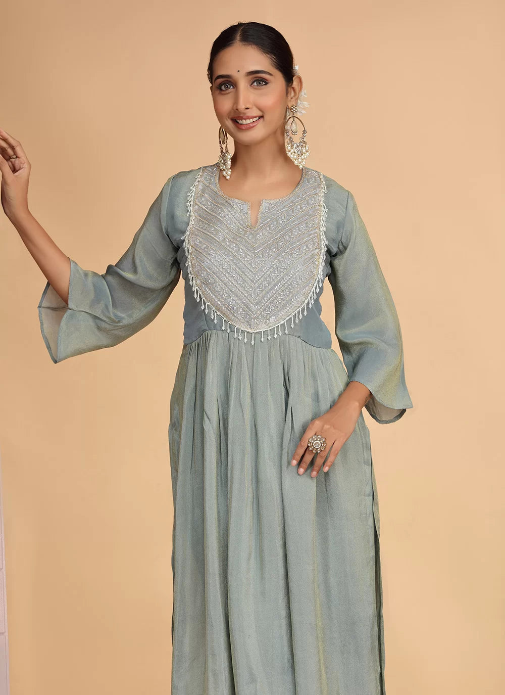 Chhap Firozi Colour Organza Shimmer Hand Work Salwar Suit - Distacart