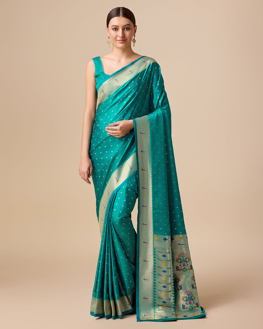 Monjolika Fashion Opulent Paithani In Regal Turquoise Color With Gold Weaves Delicate Zari Work Silk Saree