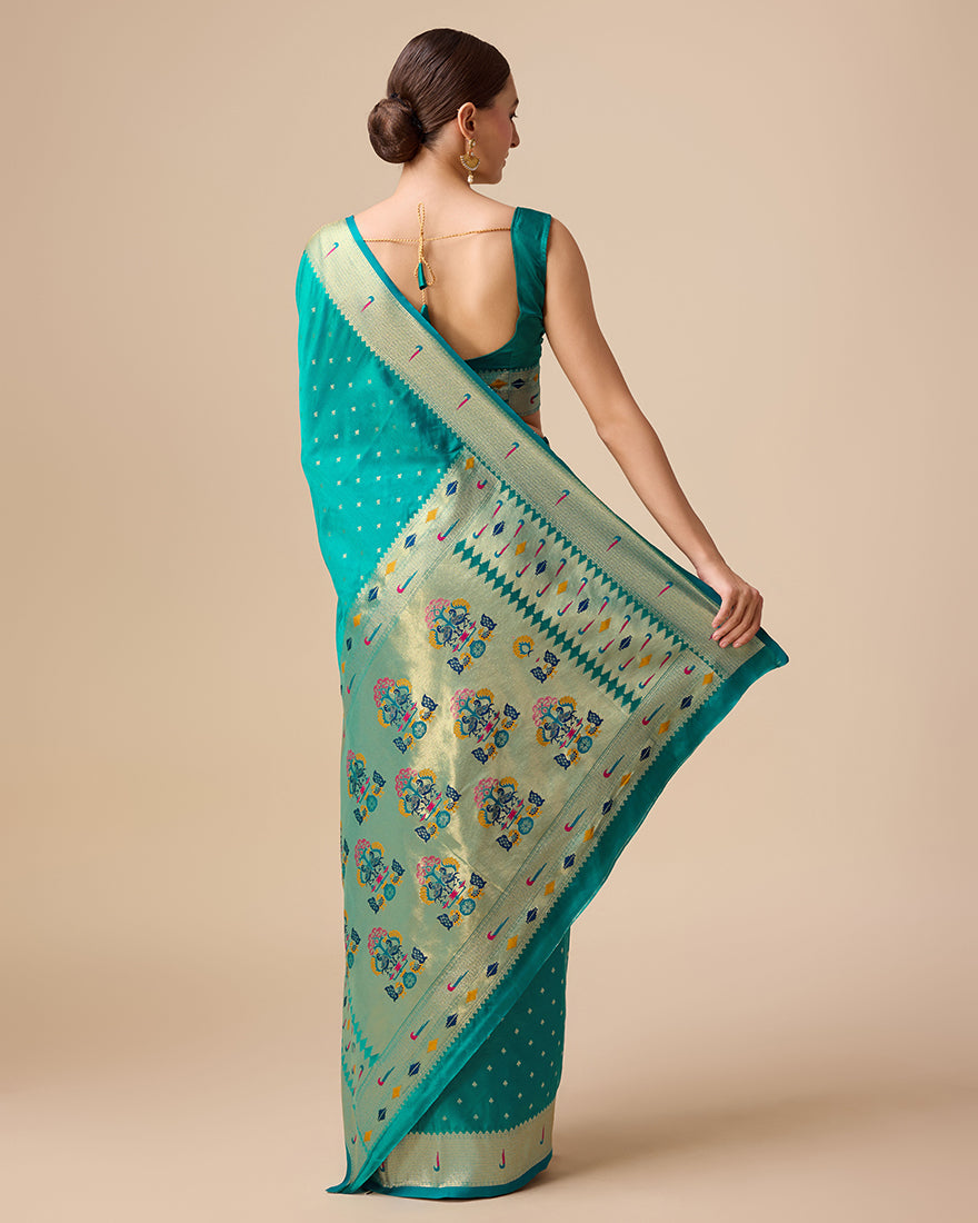 Monjolika Fashion Opulent Paithani In Regal Turquoise Color With Gold Weaves Delicate Zari Work Silk Saree