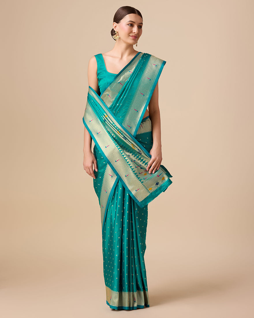 Monjolika Fashion Opulent Paithani In Regal Turquoise Color With Gold Weaves Delicate Zari Work Silk Saree