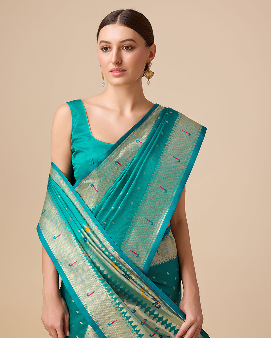 Monjolika Fashion Opulent Paithani In Regal Turquoise Color With Gold Weaves Delicate Zari Work Silk Saree