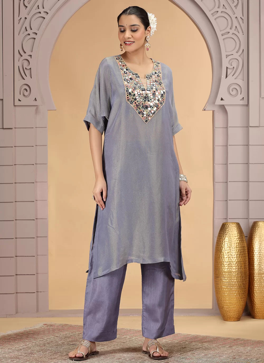 Chhap Grey Colour Organza Shimmer Hand Work Salwar Suit - Distacart