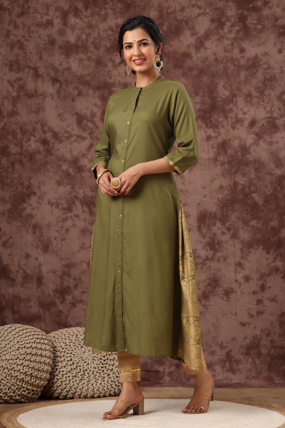 Juniper Womens Olive Rayon Foil Printed Kurta - Distacart