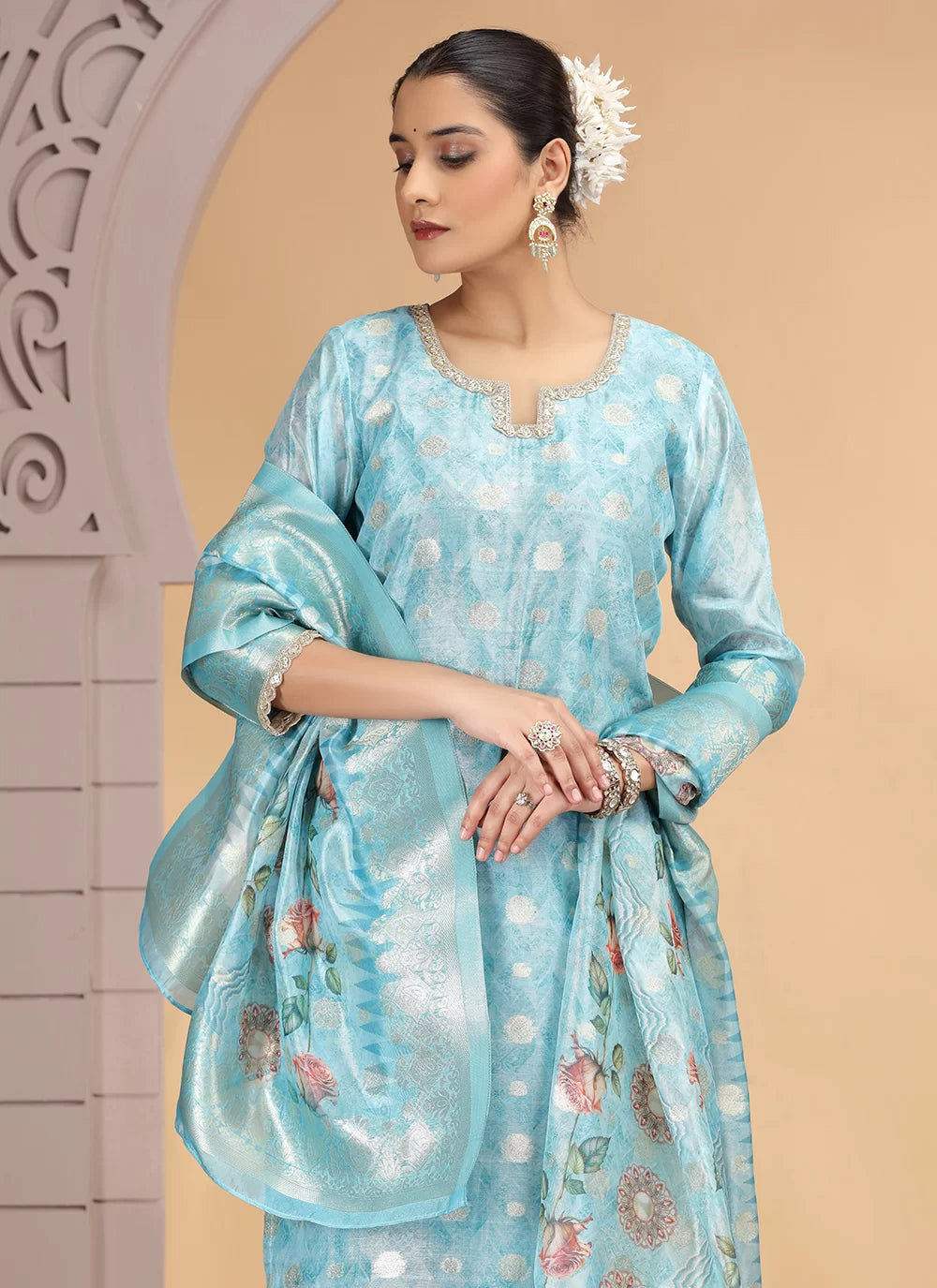 Chhap Organza Jacquard Woven and Hand Work Salwar Suit In Sky Blue Colour - Distacart