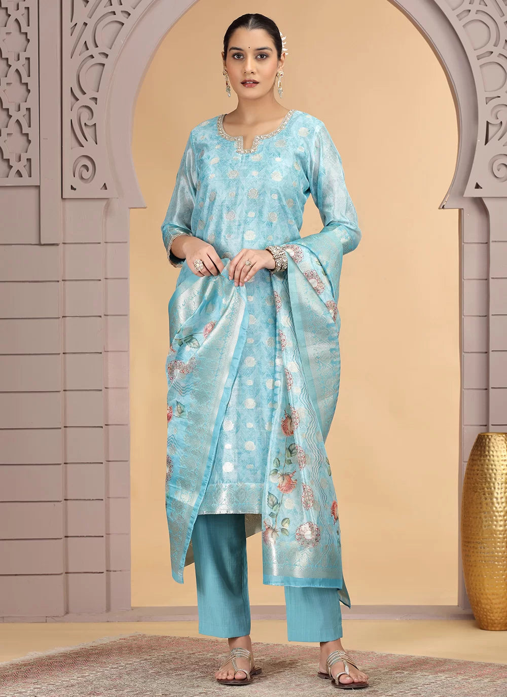 Chhap Organza Jacquard Woven and Hand Work Salwar Suit In Sky Blue Colour - Distacart