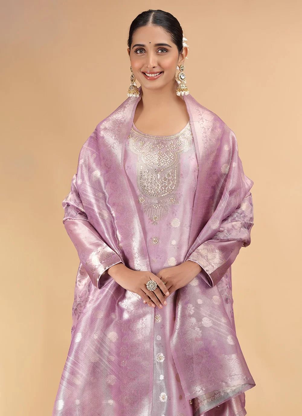 Chhap Organza Jacquard Woven and Hand Work Salwar Suit In Purple Pink Colour - Distacart