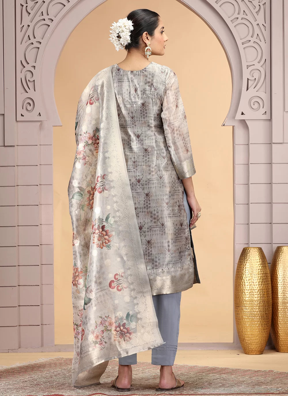 Chhap Organza Jacquard Woven and Hand Work Salwar Suit In Grey Brown Colour - Distacart