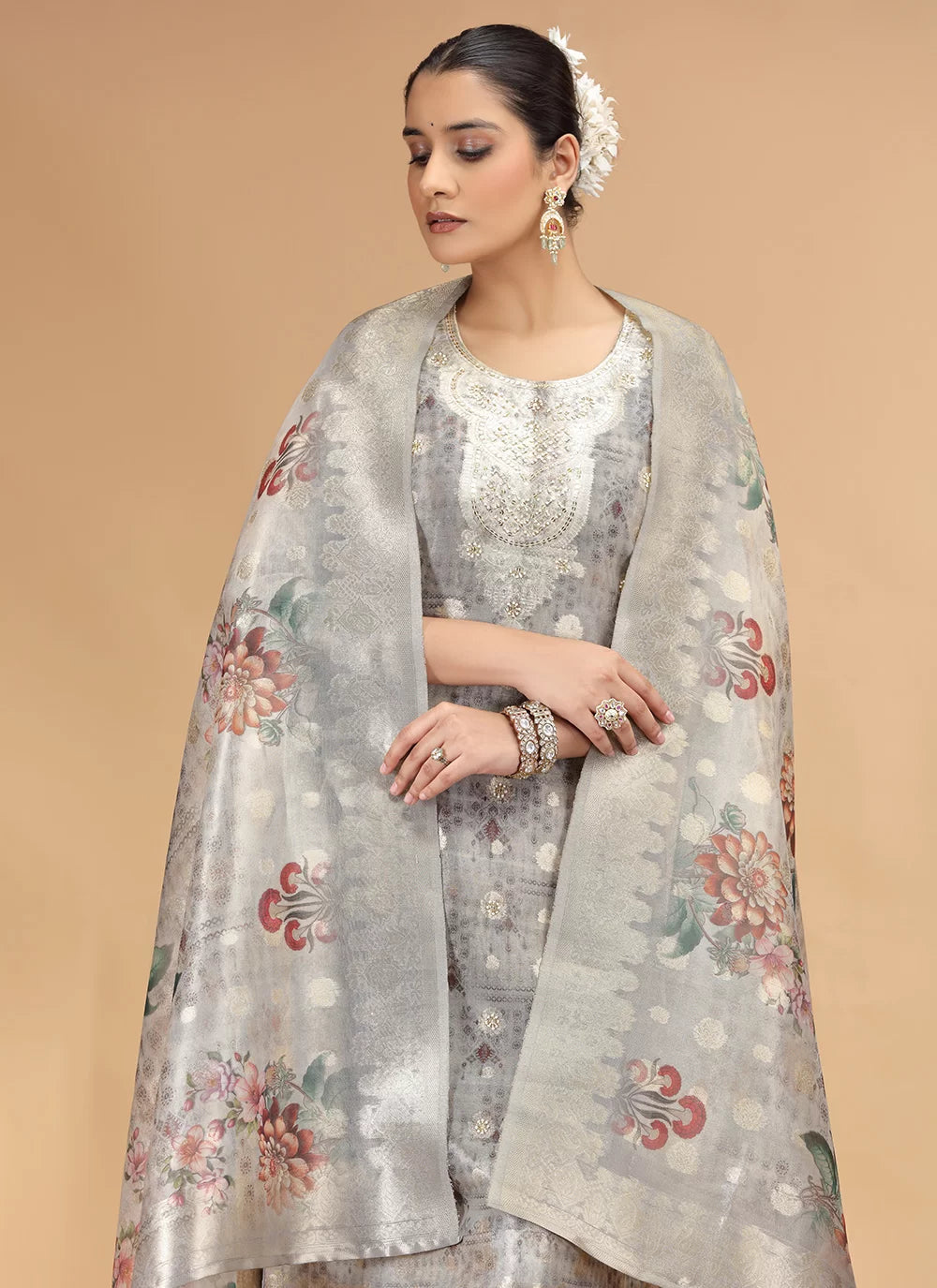 Chhap Organza Jacquard Woven and Hand Work Salwar Suit In Grey Brown Colour - Distacart