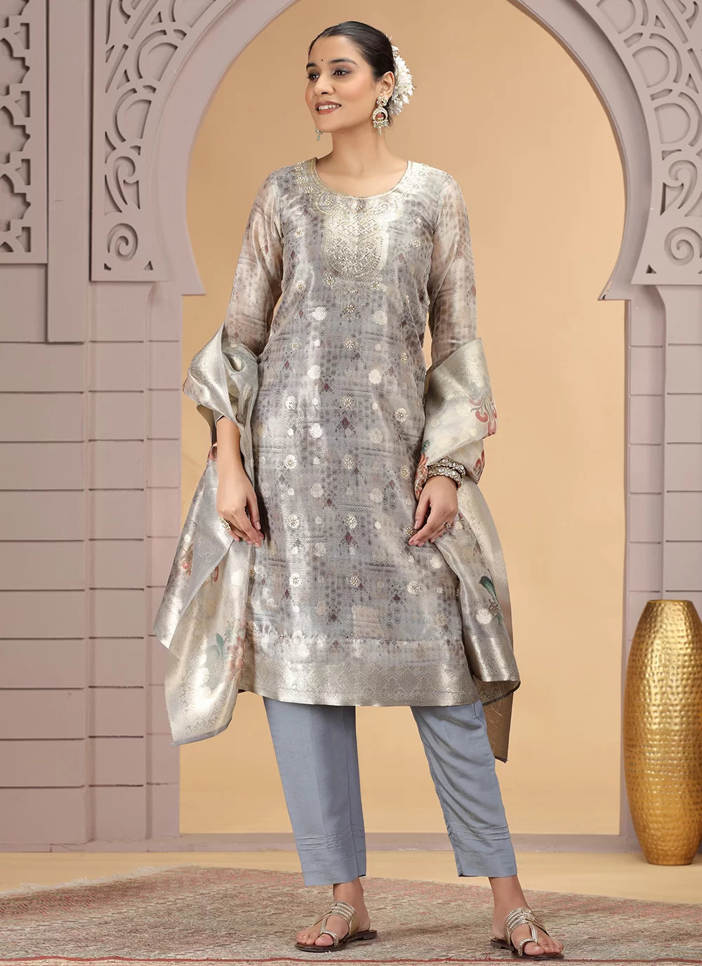Chhap Organza Jacquard Woven and Hand Work Salwar Suit In Grey Brown Colour - Distacart