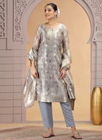 Chhap Organza Jacquard Woven and Hand Work Salwar Suit In Grey Brown Colour - Distacart