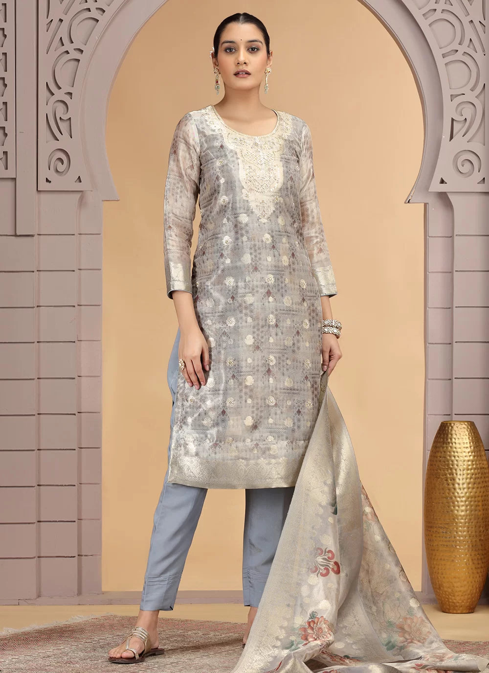 Chhap Organza Jacquard Woven and Hand Work Salwar Suit In Grey Brown Colour - Distacart