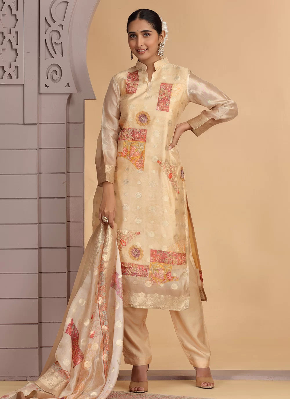 Chhap Organza Jacquard Woven and Hand Work Salwar Suit In Black Golden Colour - Distacart