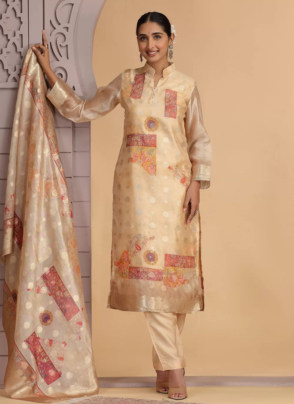 Chhap Organza Jacquard Woven and Hand Work Salwar Suit In Black Golden Colour - Distacart