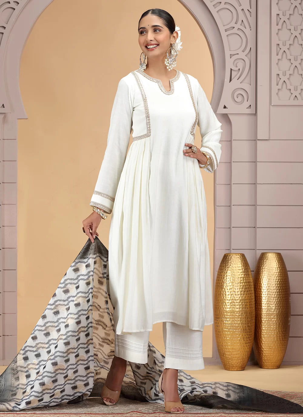 Chhap Chiffon Printed and Hand Work Salwar Suit In Off White Colour - Distacart