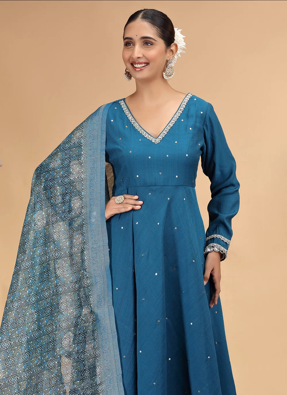 Chhap Teal Blue Colour Chiffon Hand Work Salwar Suit - Distacart