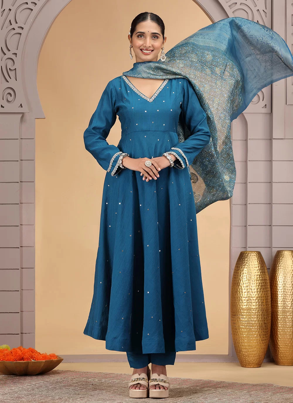 Chhap Teal Blue Colour Chiffon Hand Work Salwar Suit - Distacart