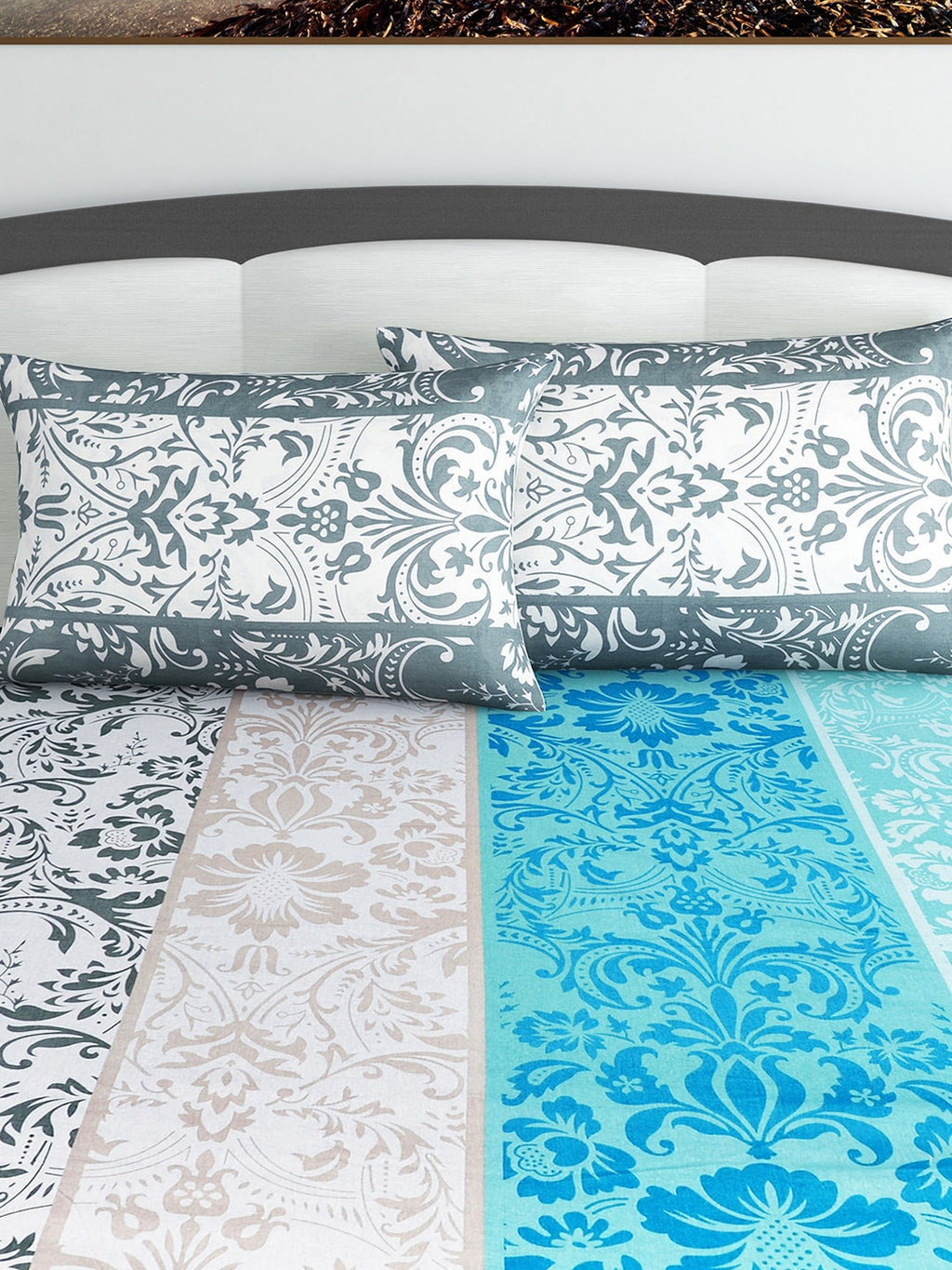 Divine Casa Blue & Grey Ethnic Motifs 120 TC Bedsheet with Pillow Covers - Distacart