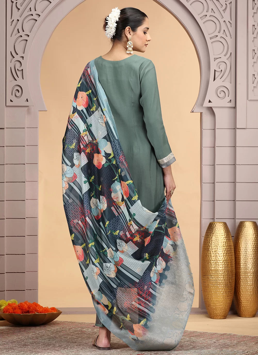 Chhap Tissue Green Colour Chiffon Hand Work Salwar Suit - Distacart