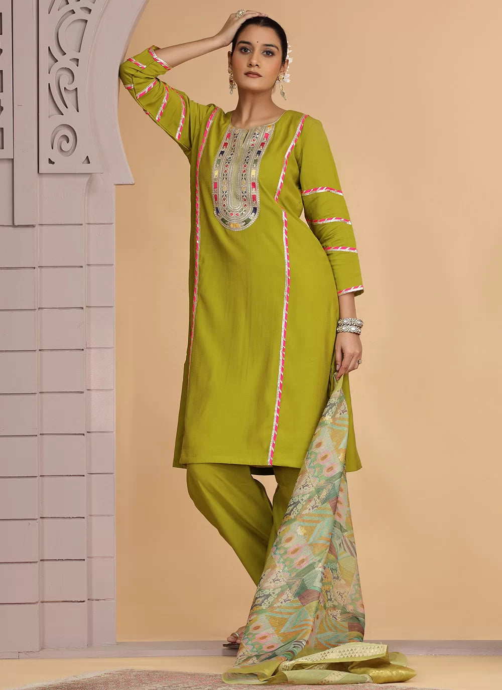 Chhap Mehendi Yellow Colour Chiffon Embroidery Salwar Suit - Distacart
