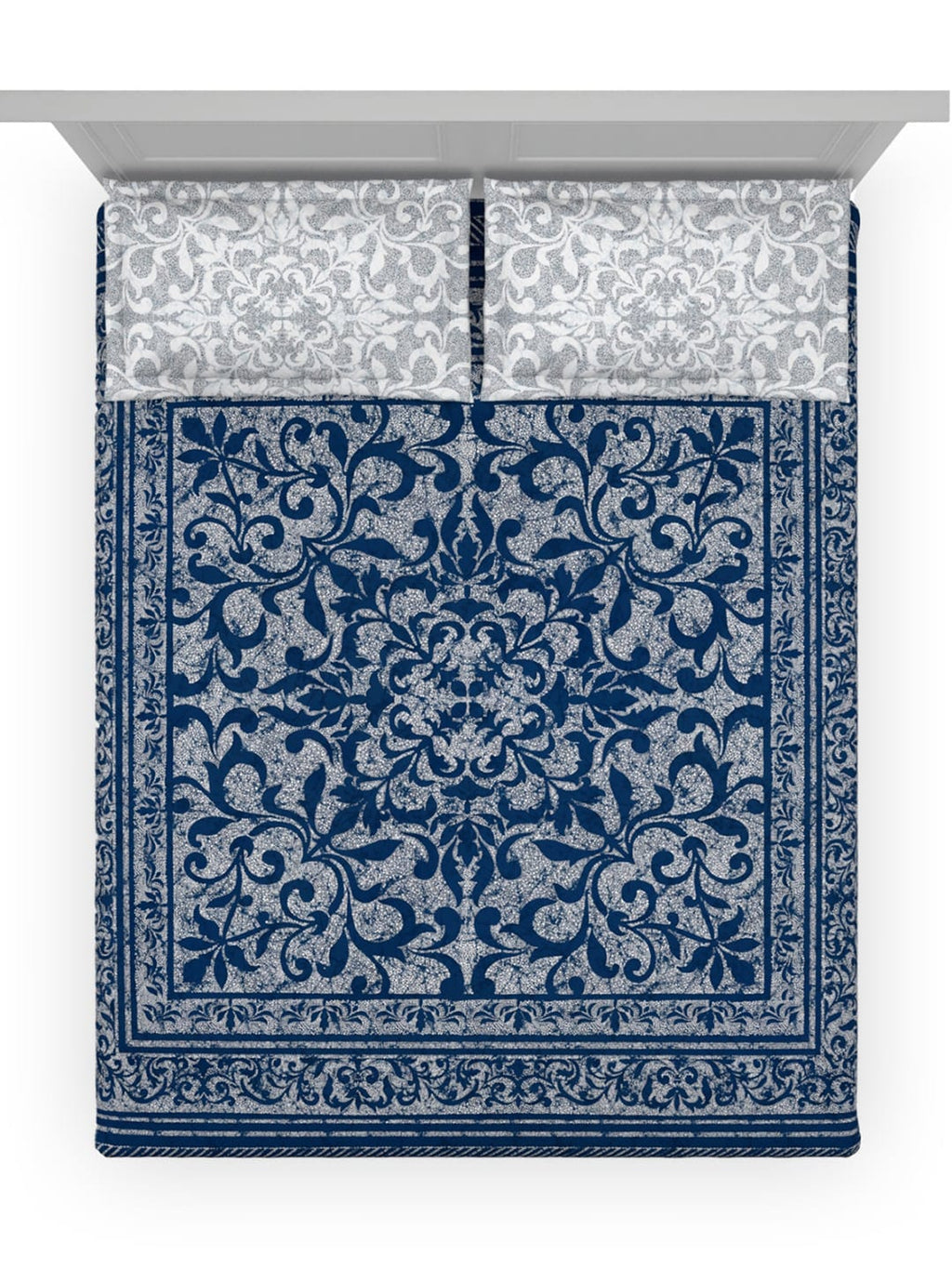 DDecor Blue & White Ethnic Motifs Cotton 140 TC King Bedsheet With 2 Pillow Covers - Distacart
