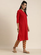 Sangria Women Red Solid Pure Cotton Gotta Patti Kurta with Abstract Print Trousers