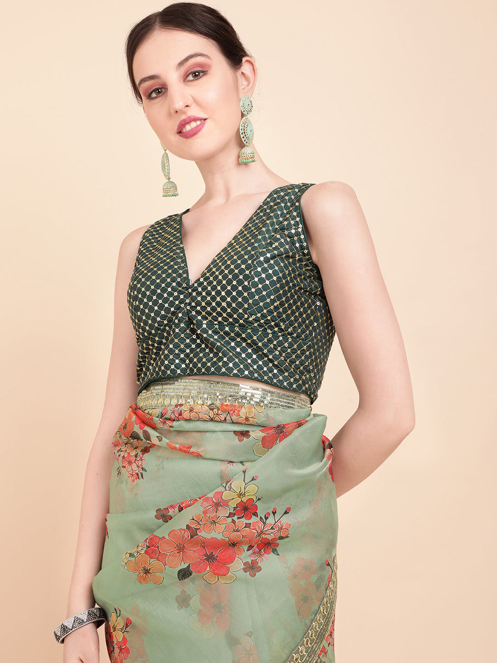 Sangria Olive Green & Red Floral Printed Organza Saree With Sequinned Blouse piece - Distacart