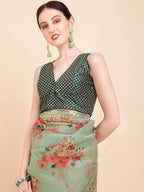 Sangria Olive Green & Red Floral Printed Organza Saree With Sequinned Blouse piece - Distacart